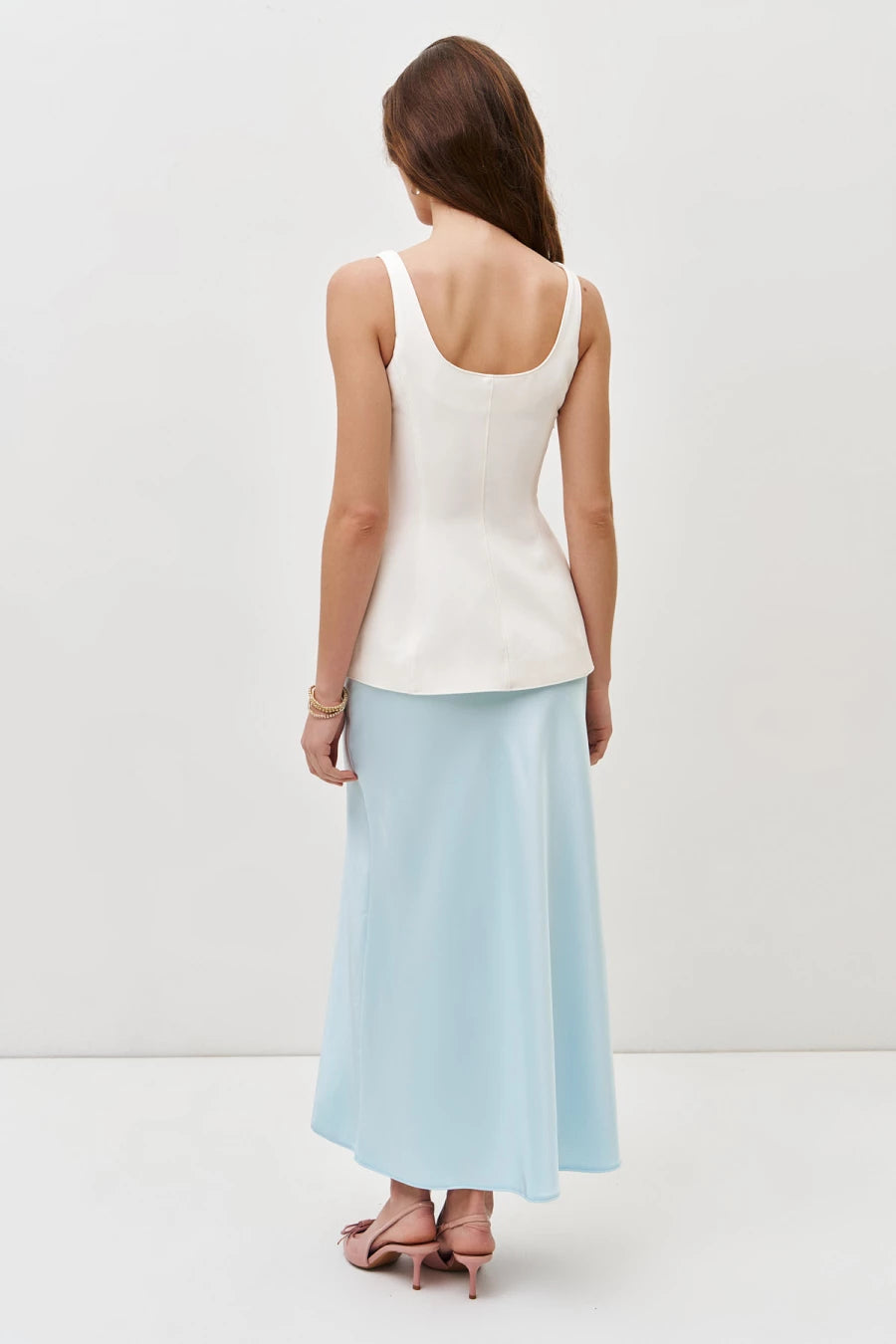 Baby blue satin midi skirt