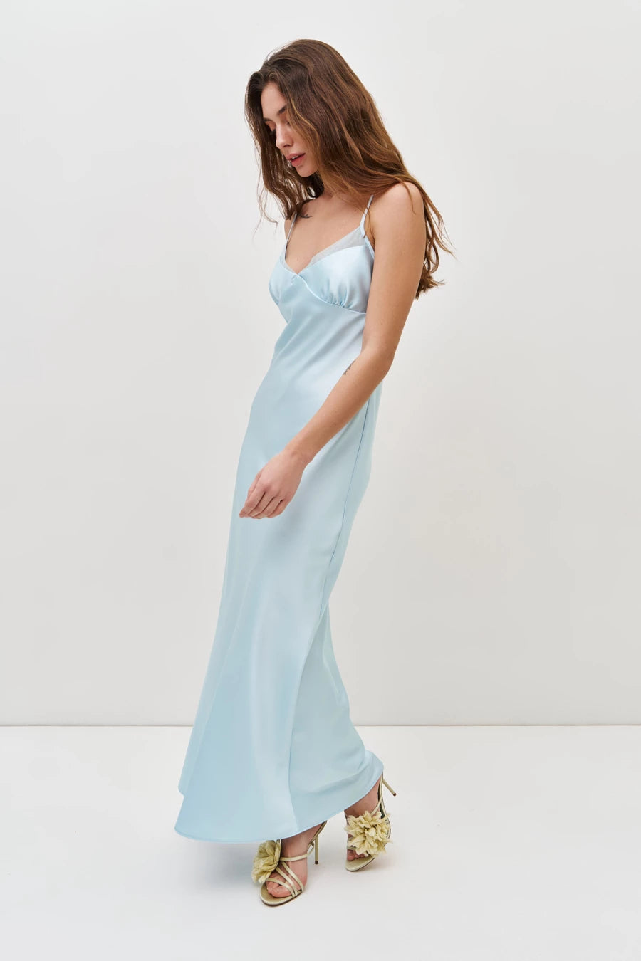 Baby blue satin slip dress with mesh details