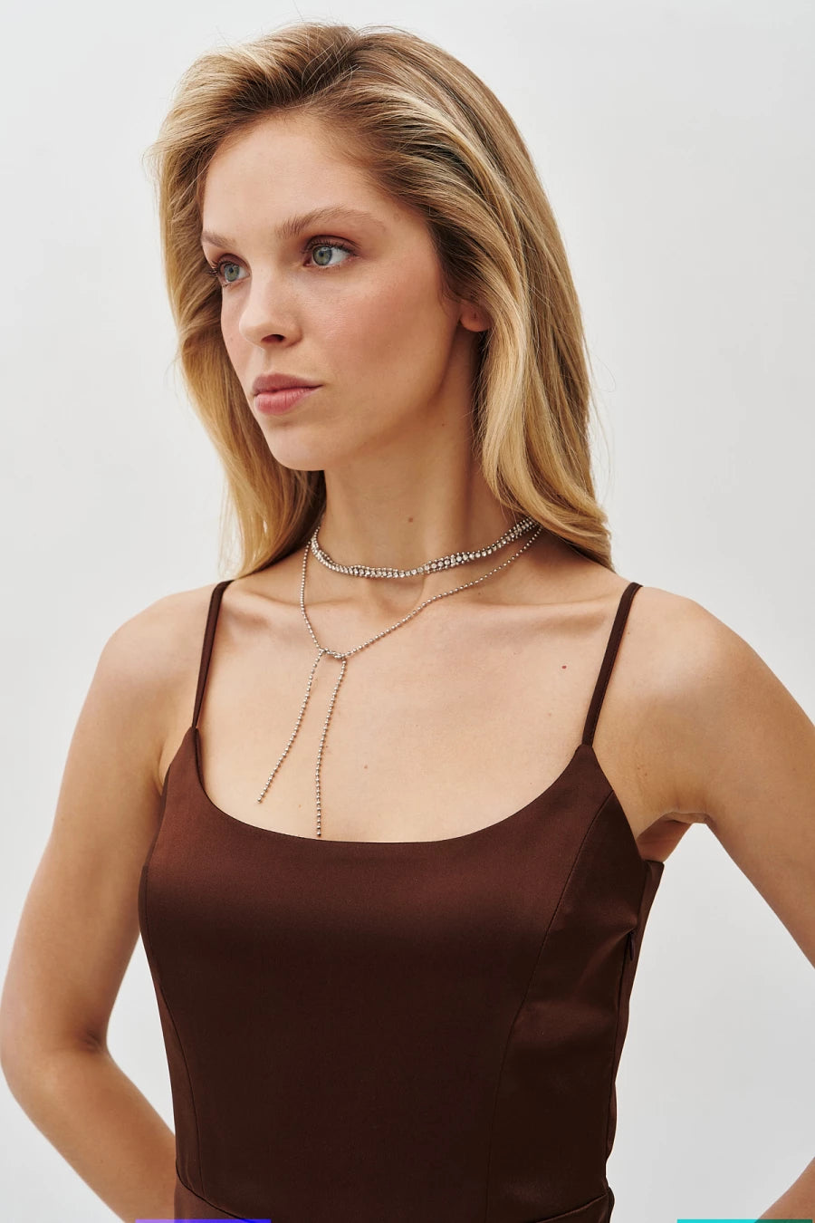 Brown satin midi dress with thin straps