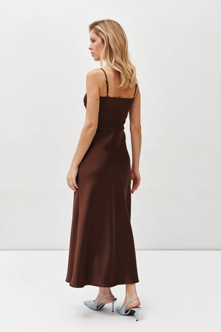 Brown satin midi dress with thin straps