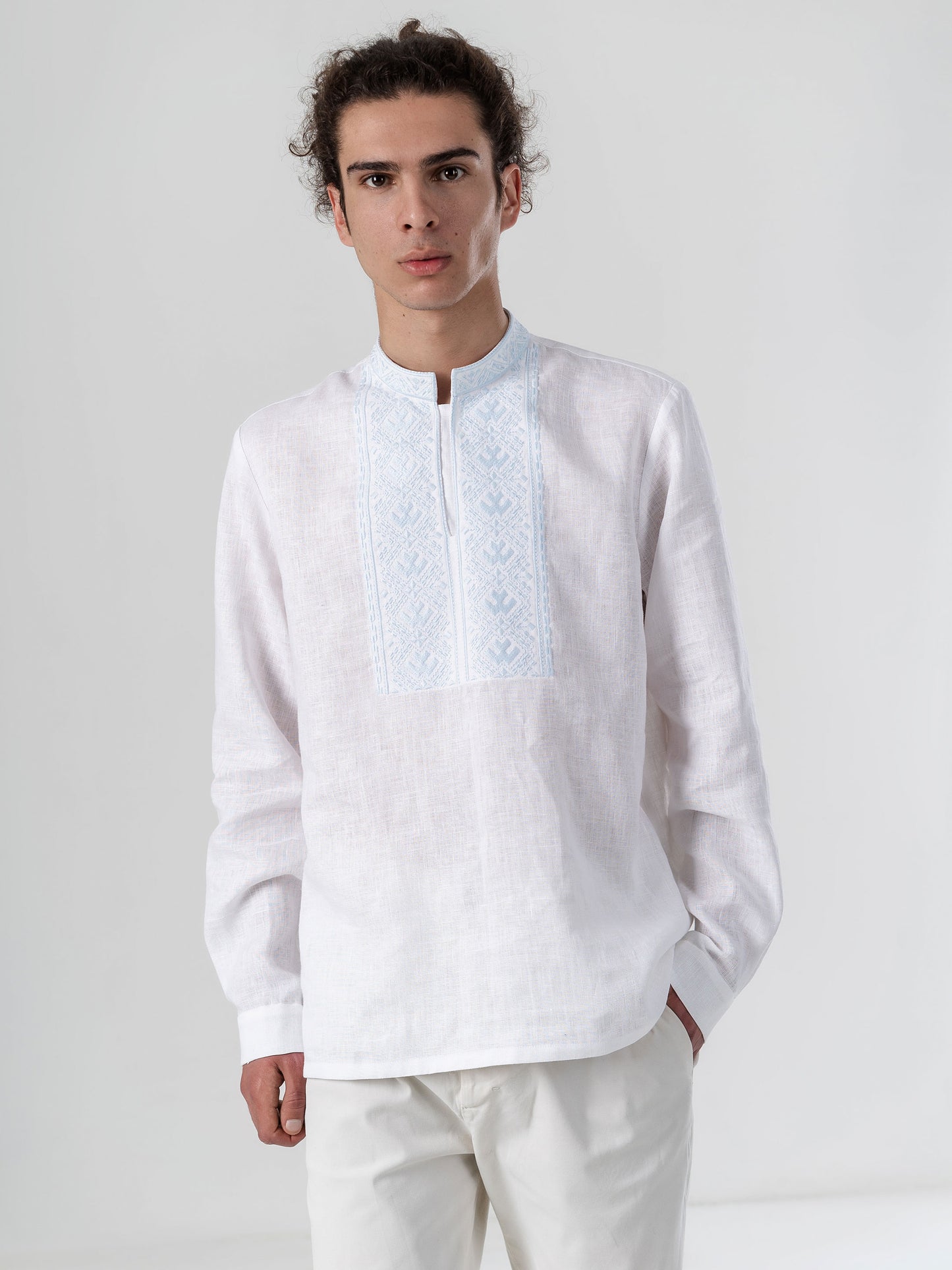 Men's linen shirt with embroidery Sky