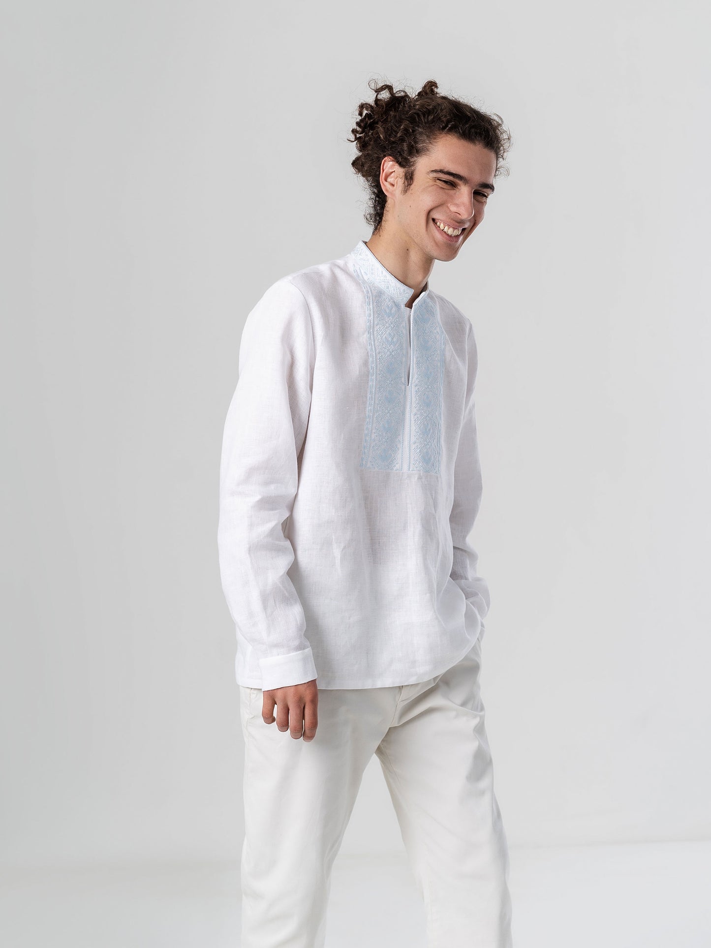 Men's linen shirt with embroidery Sky