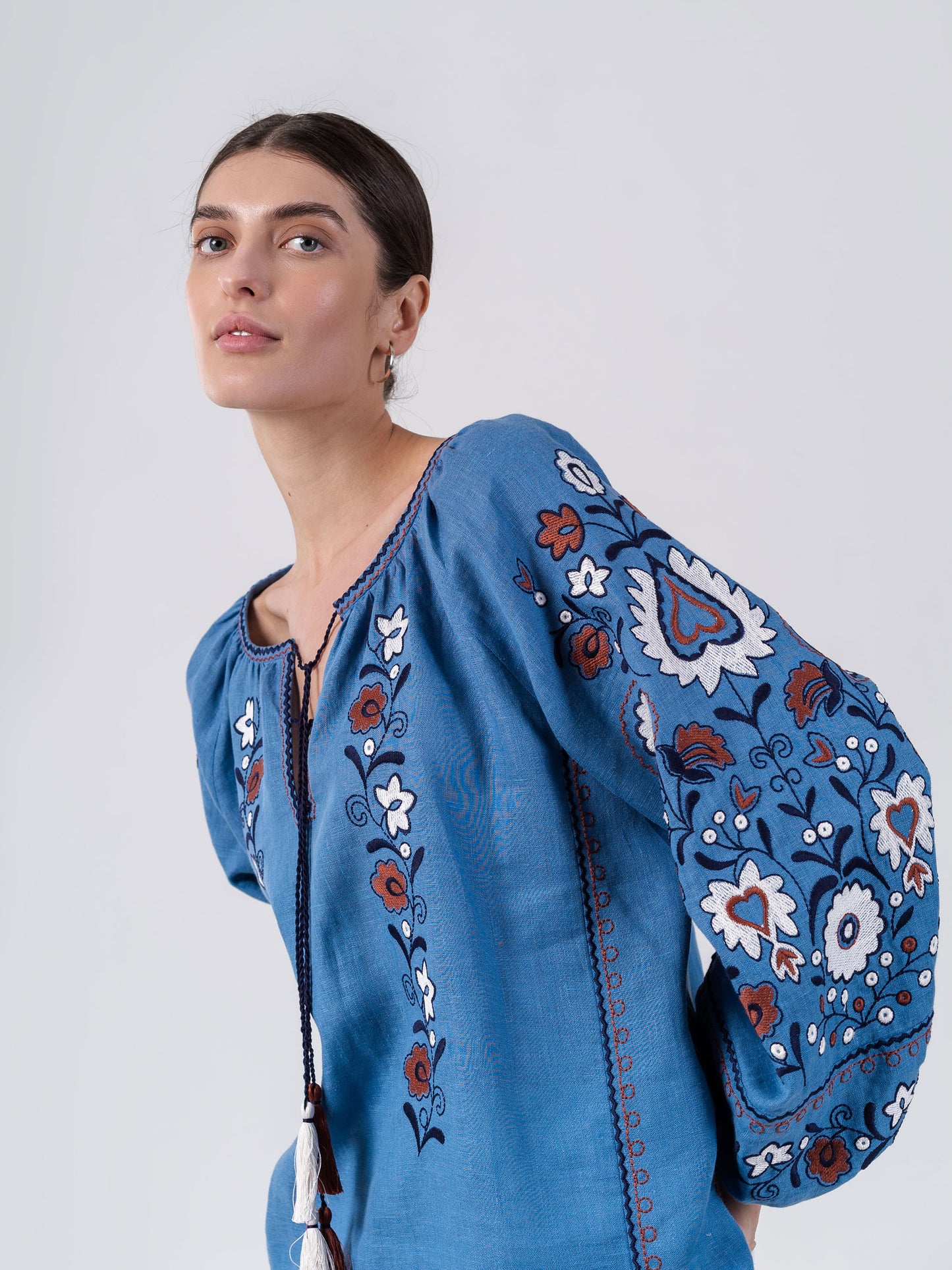 Blue embroidered shirt with floral ornament Fialka