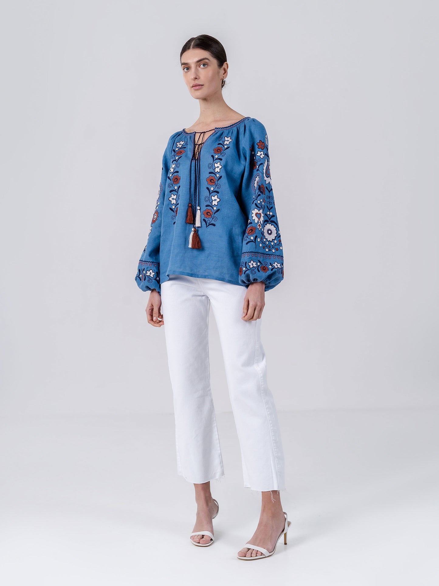 Blue embroidered shirt with floral ornament Fialka
