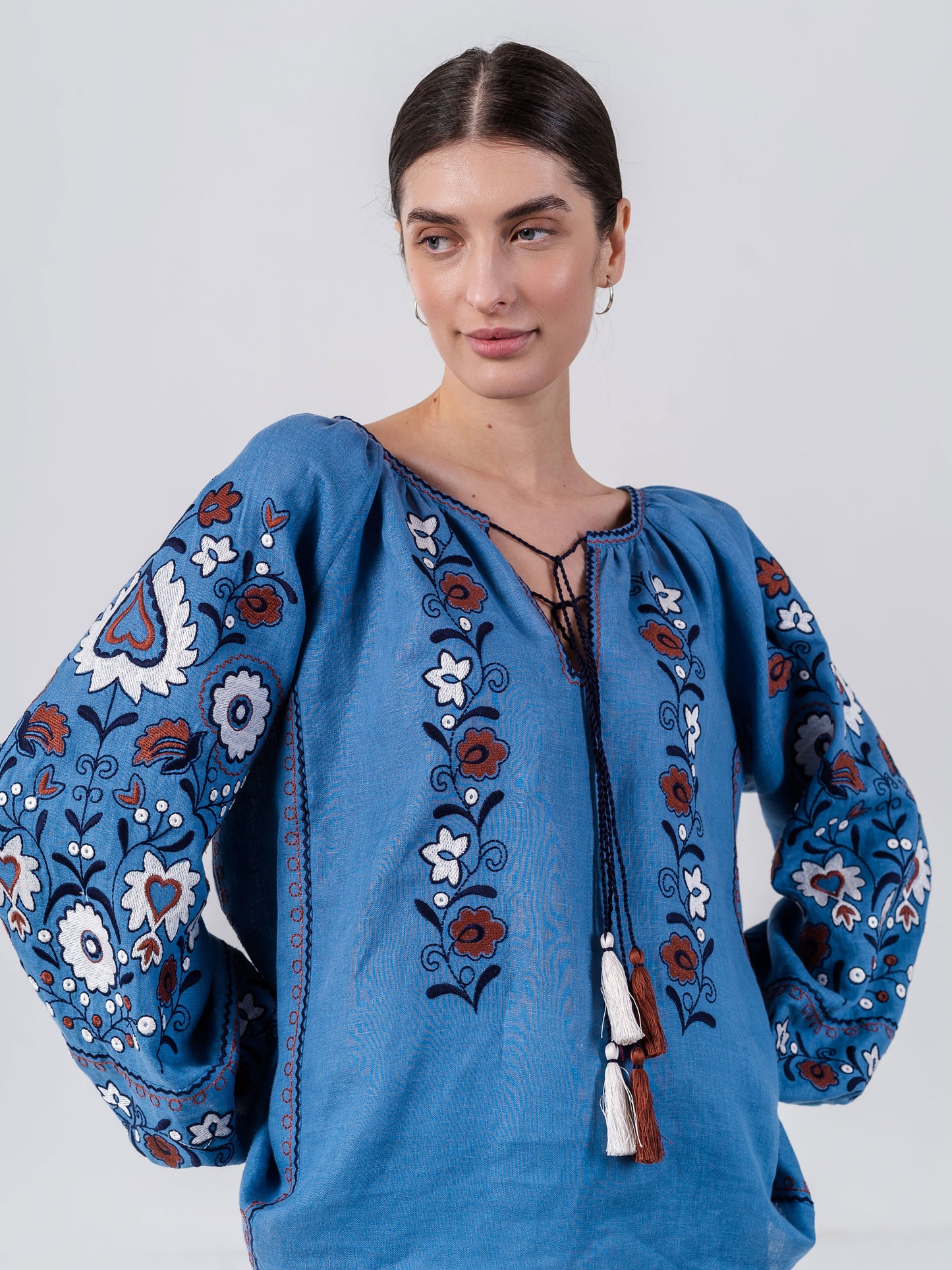 Blue embroidered shirt with floral ornament Fialka