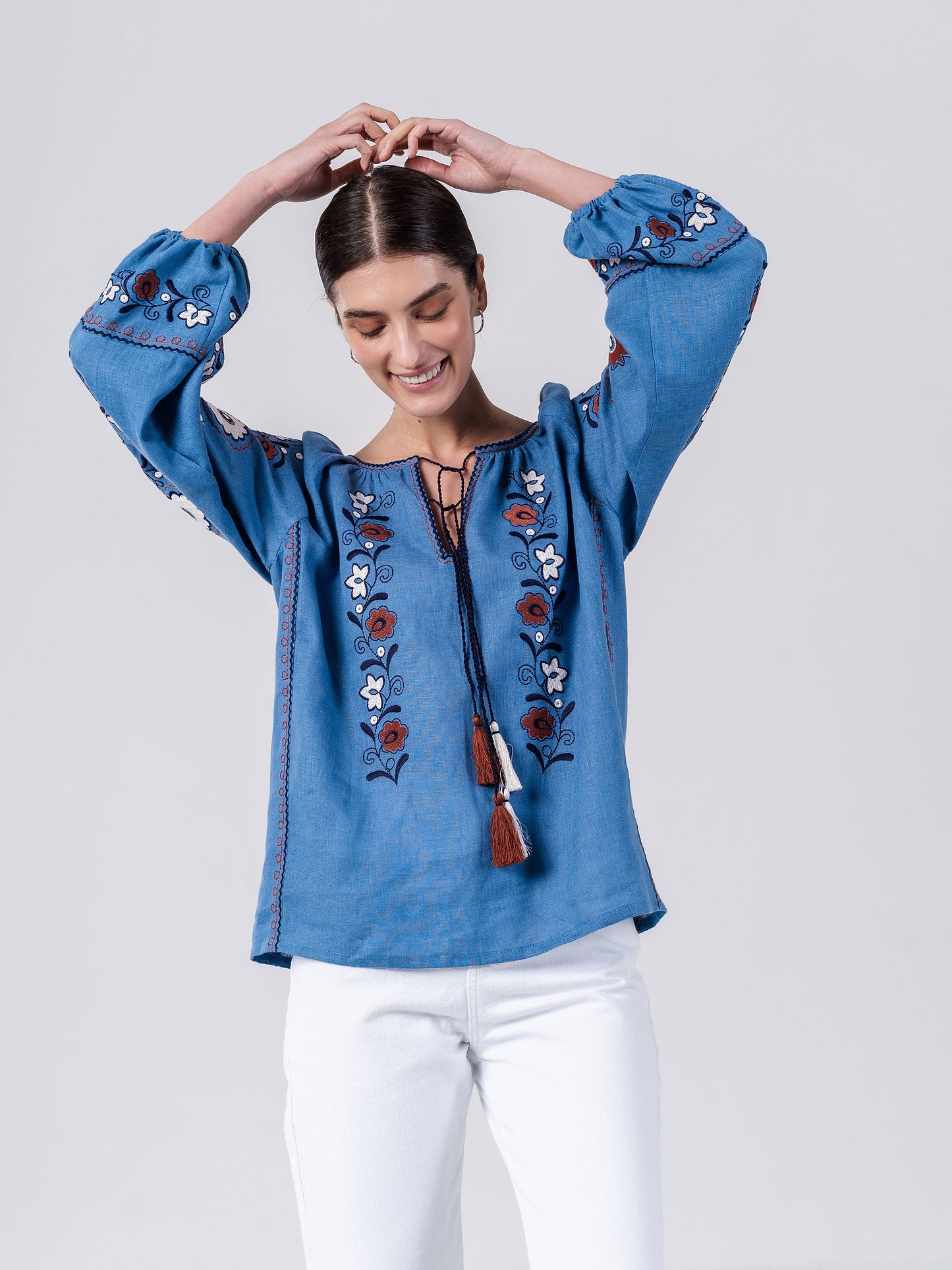 Blue embroidered shirt with floral ornament Fialka