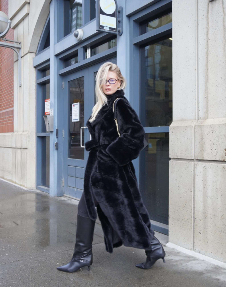 Full-Length Faux Mink Coat – Black