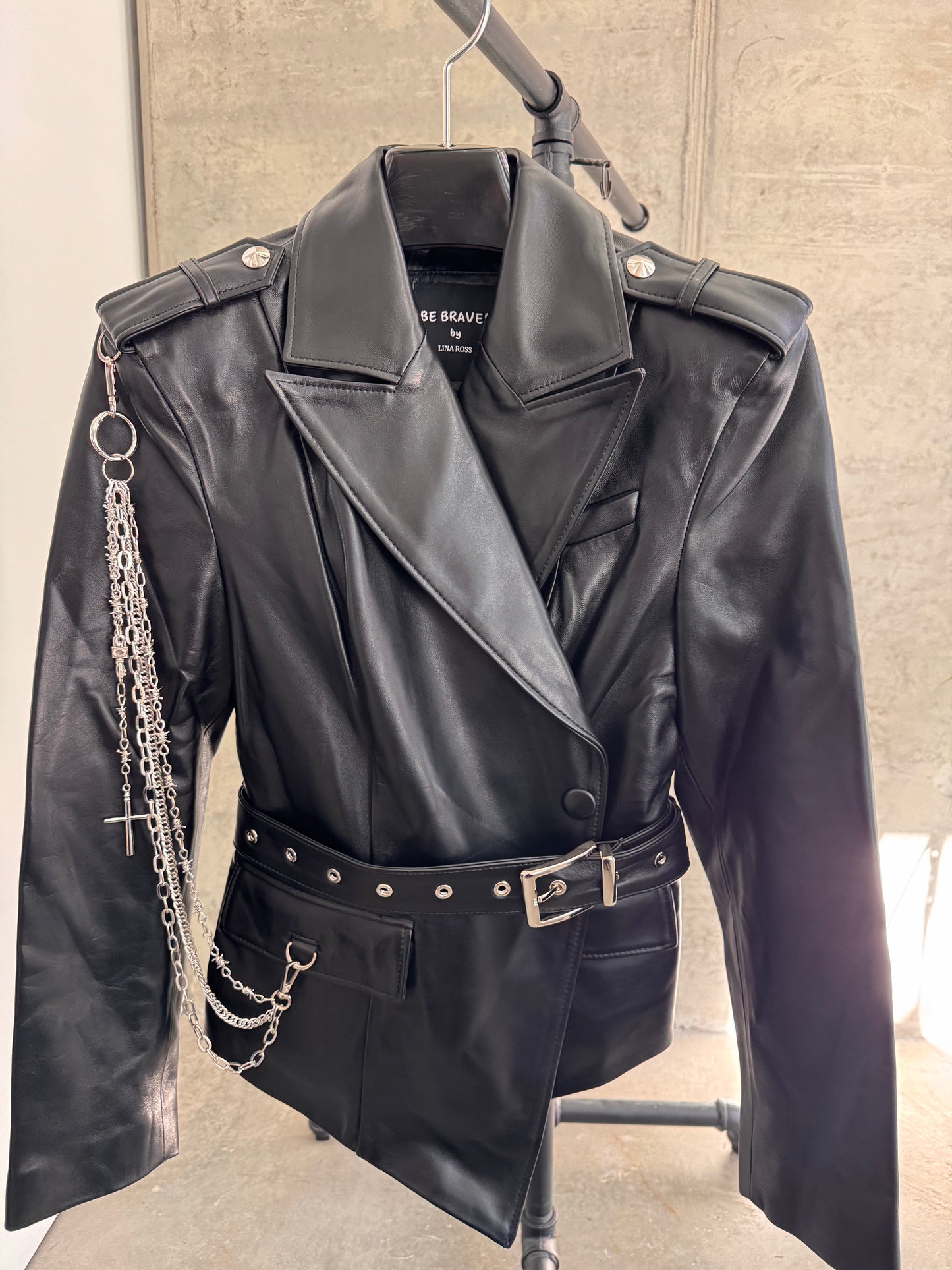 Black classic leather jacket with chains