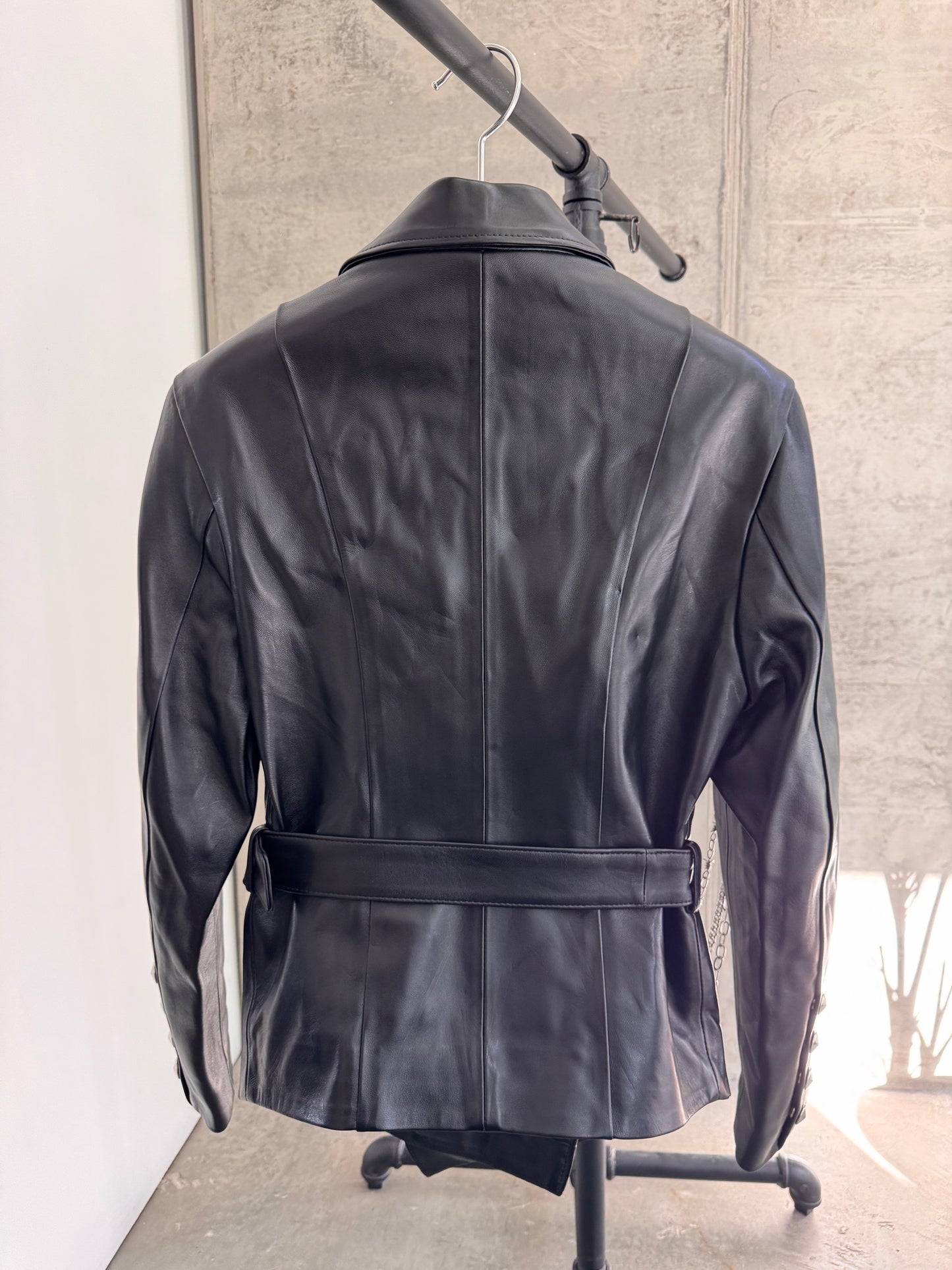 Black classic leather jacket with chains