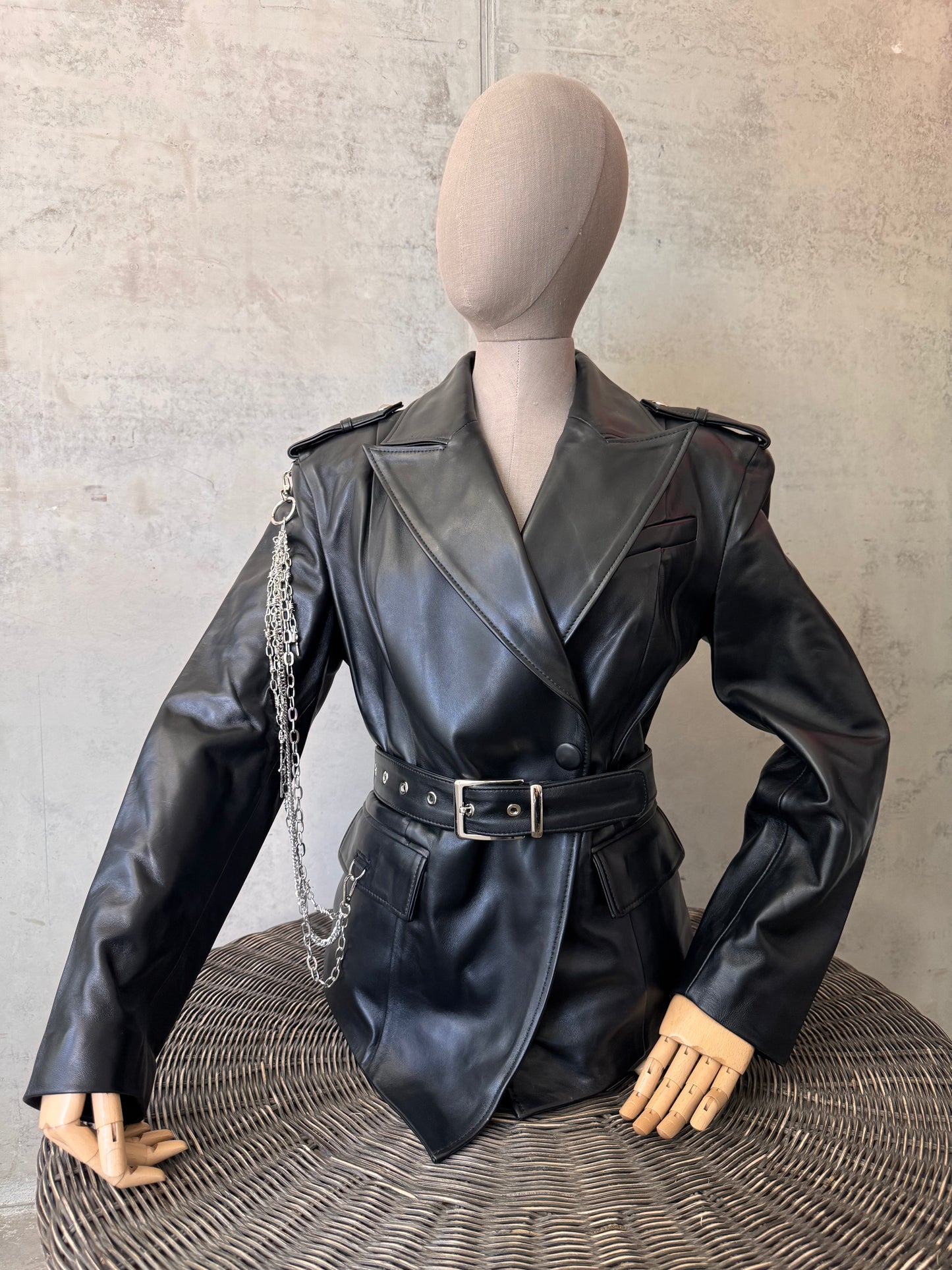 Black classic leather jacket with chains