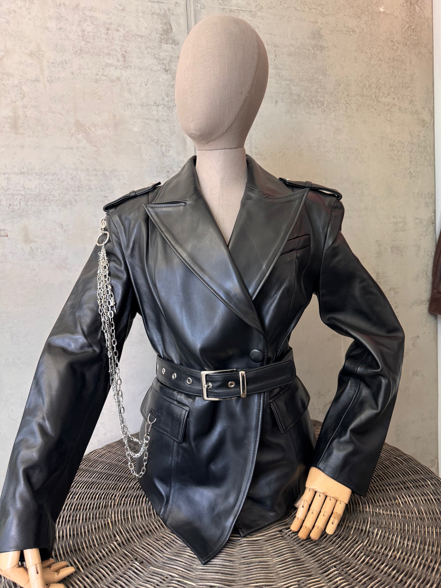 Black classic leather jacket with chains