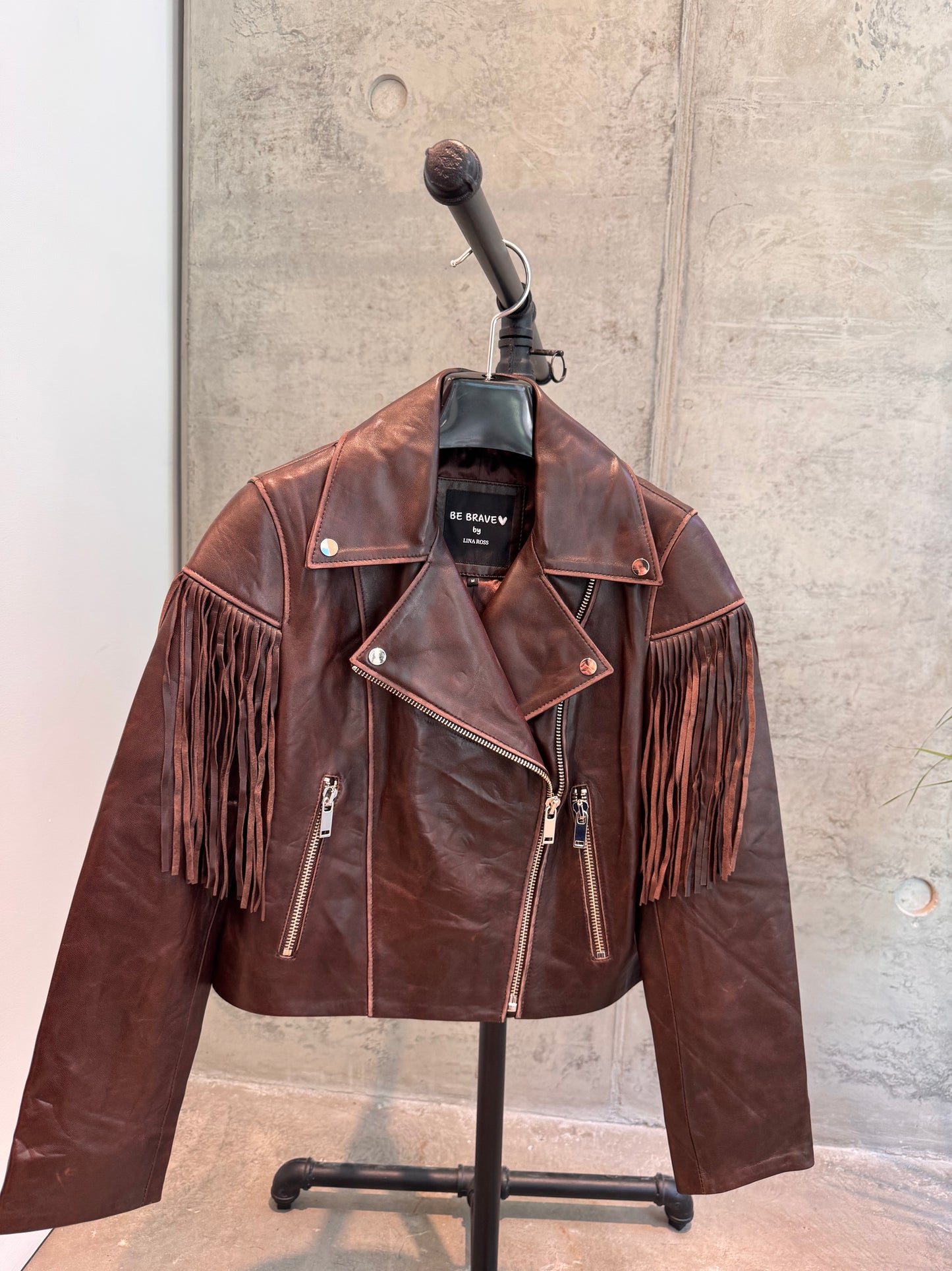 Coffee leather jacket with fringe