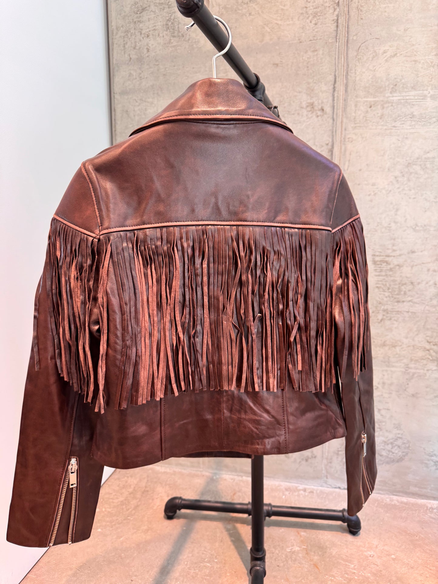 Coffee leather jacket with fringe
