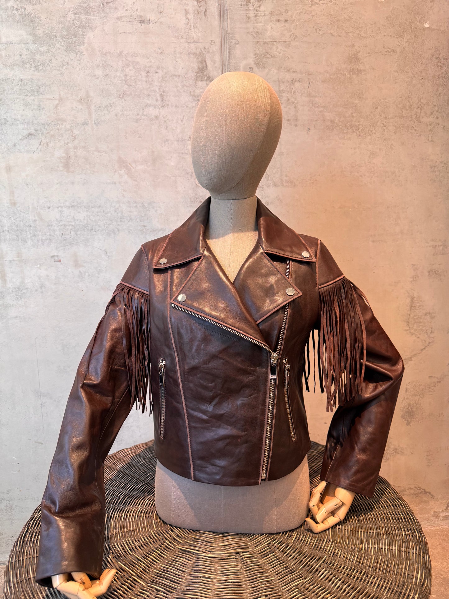 Coffee leather jacket with fringe