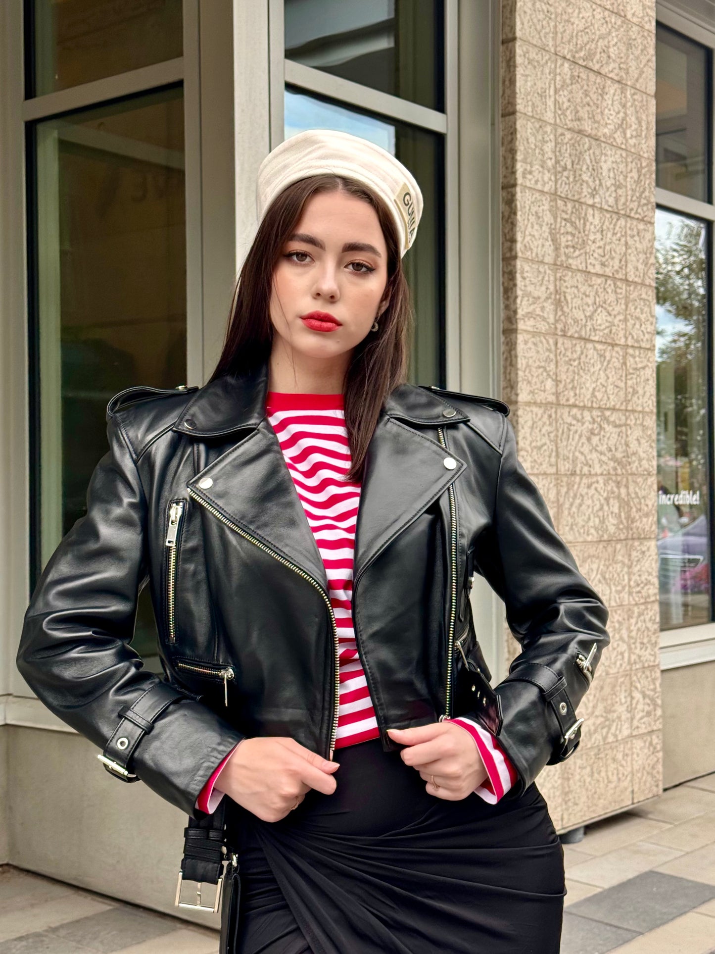 Black classic biker leather jacket