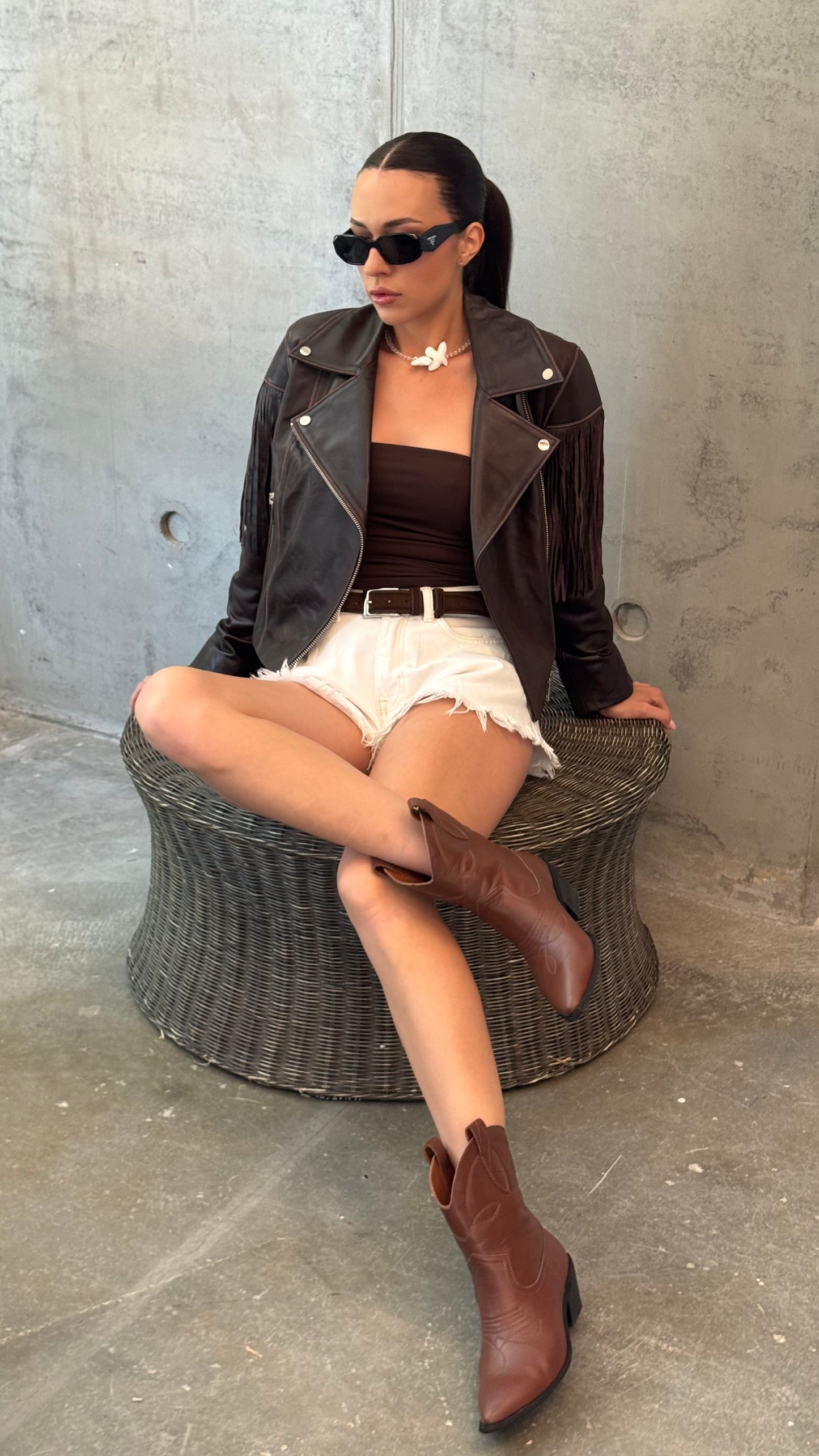 Coffee leather jacket with fringe