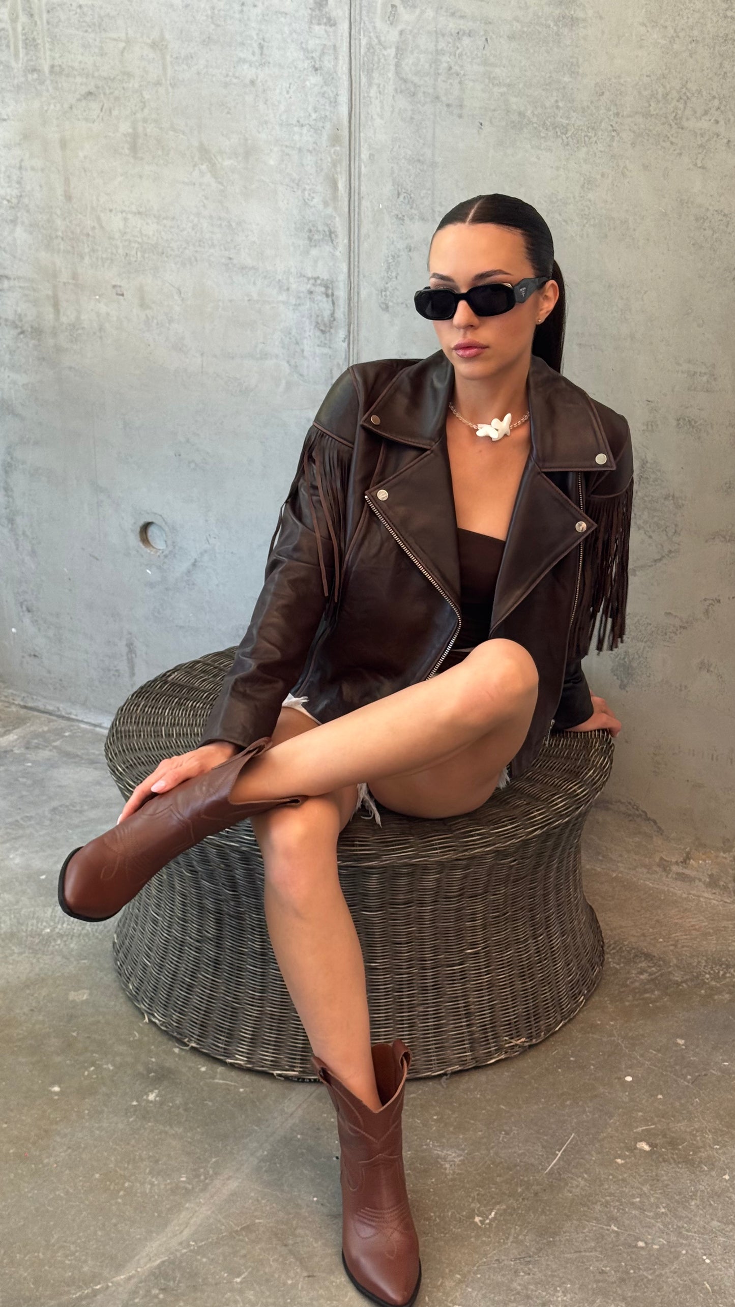 Coffee leather jacket with fringe
