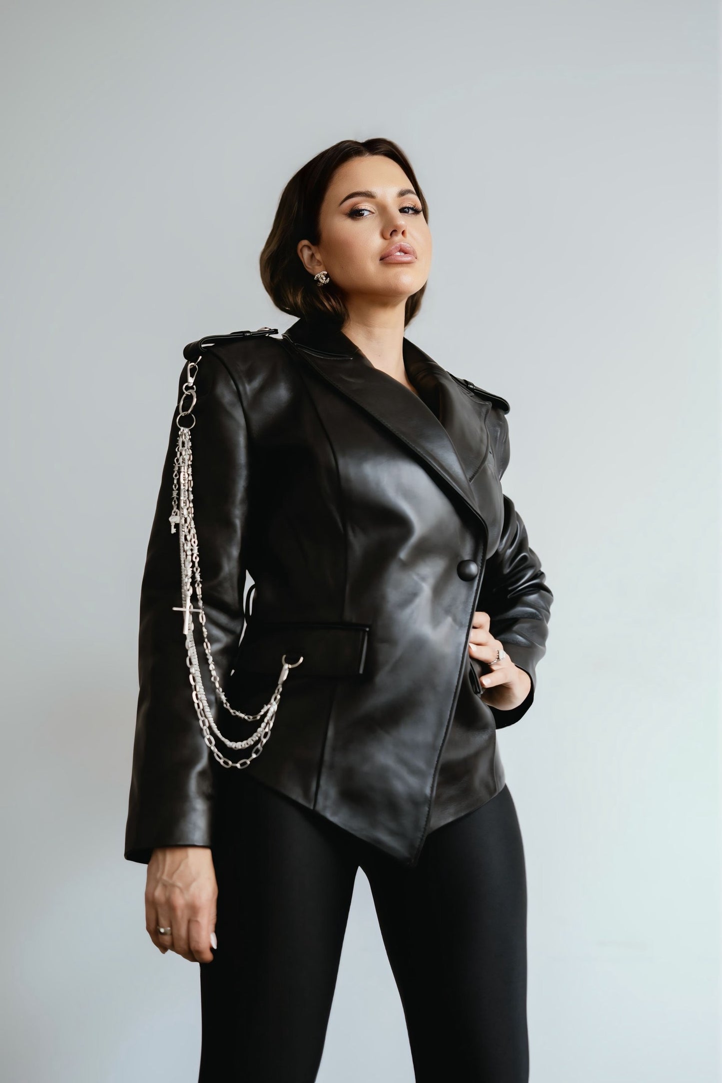 Black classic leather jacket with chains