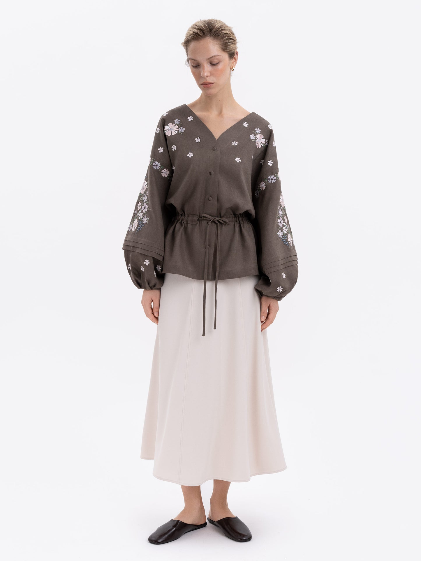 Linen Embroidered Blouse with Floral Pattern "Budzhak" dark