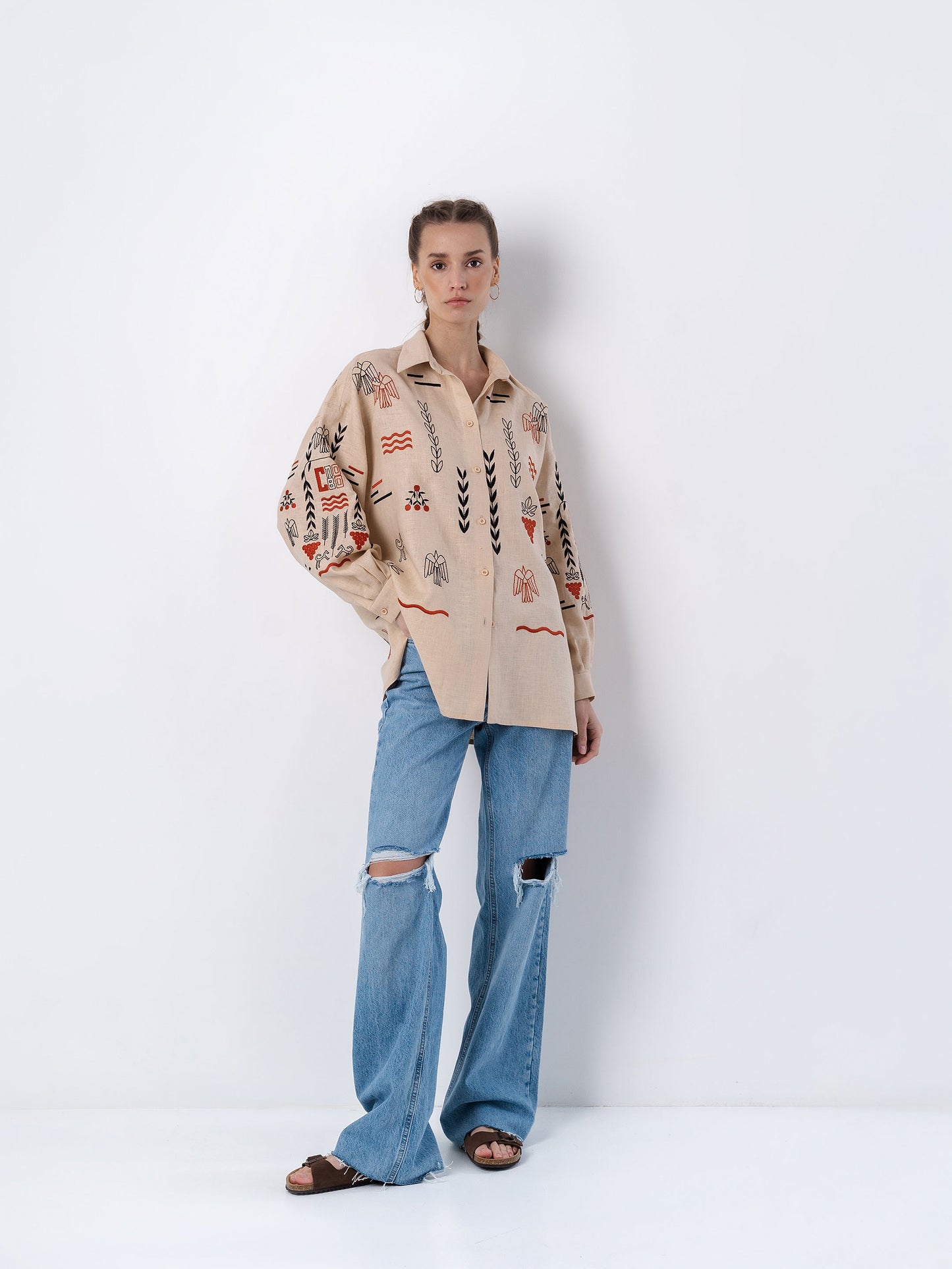 Beige linen embroidered shirt SLOVO