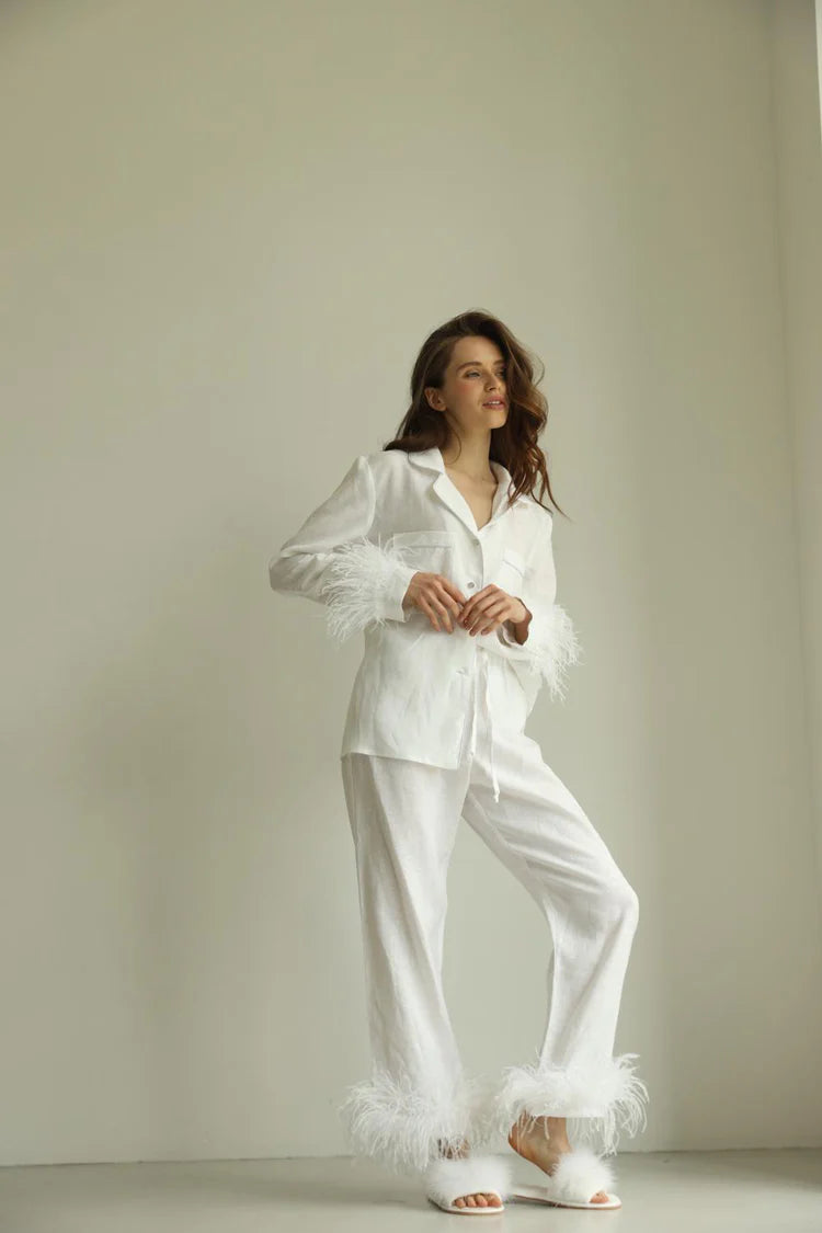 PAJAMA SET - LINEN WHITE FEATHER WITH PANTS