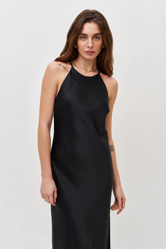 Black open shoulder midi slip-dress