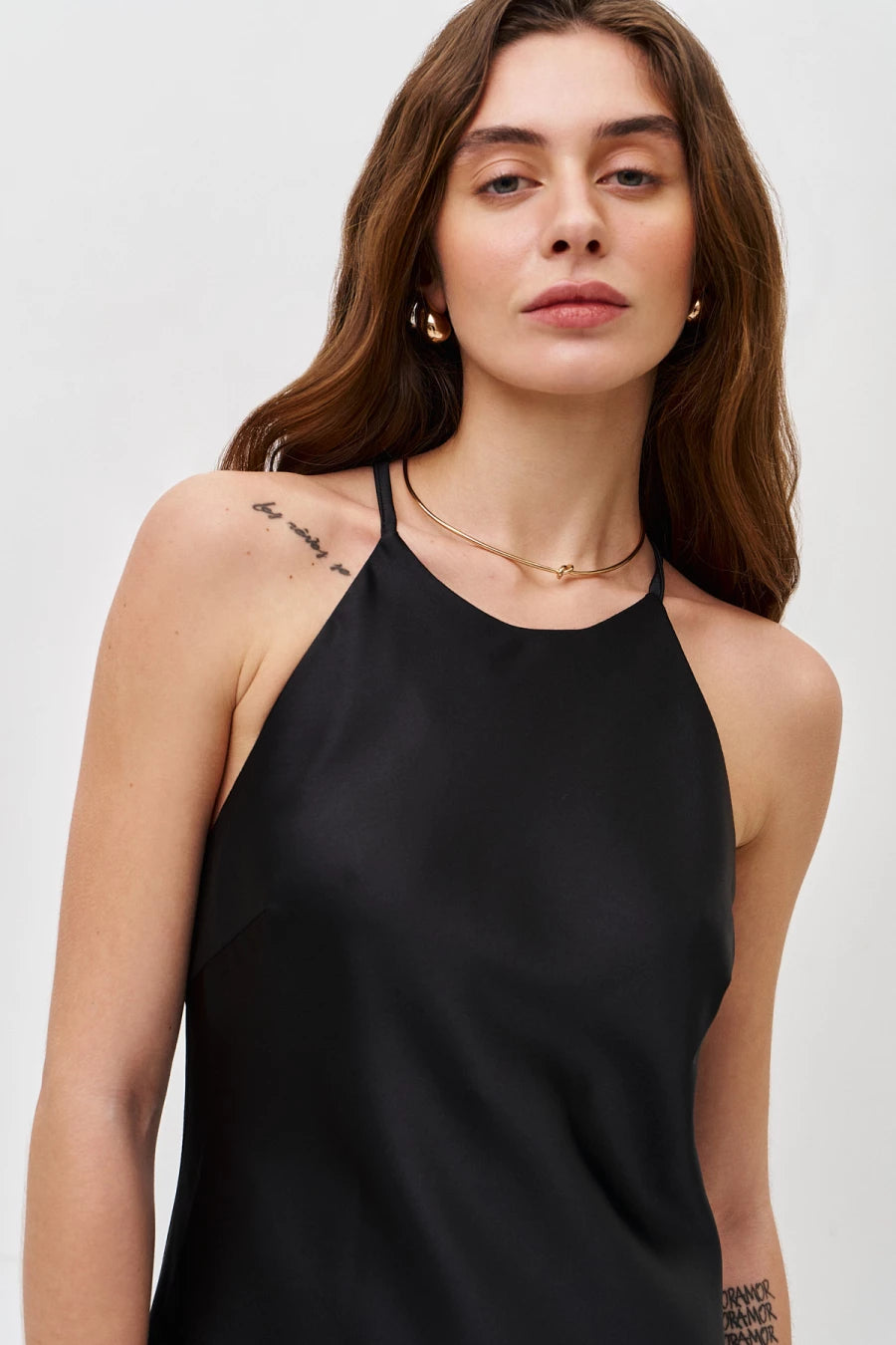 Black open shoulder midi slip-dress