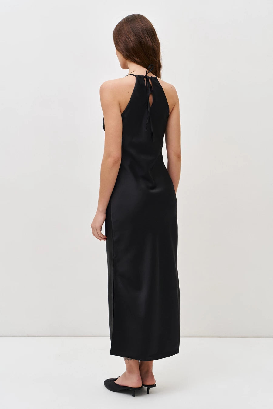 Black open shoulder midi slip-dress