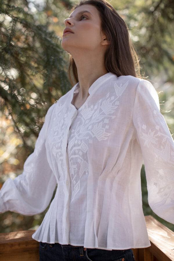 Blouse on buttons with designer embroidery "Kylymok" white ornament