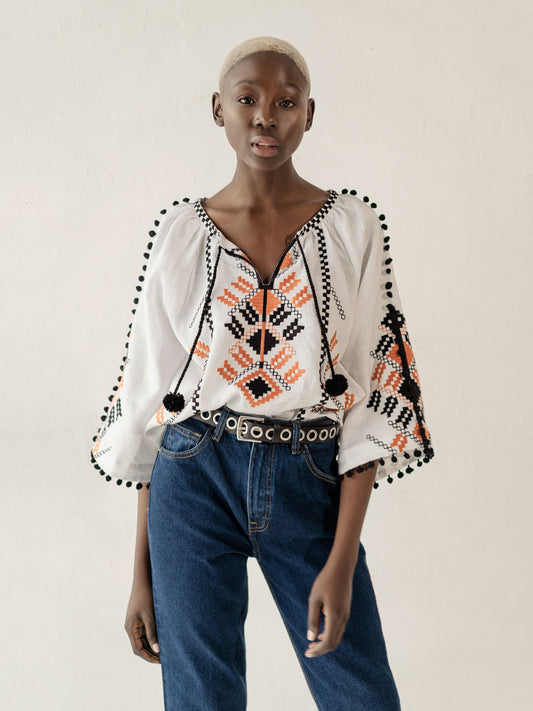 Embroidered shirt in boho style with white linen Bee