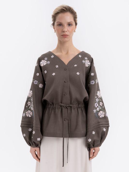 Linen Embroidered Blouse with Floral Pattern "Budzhak" dark