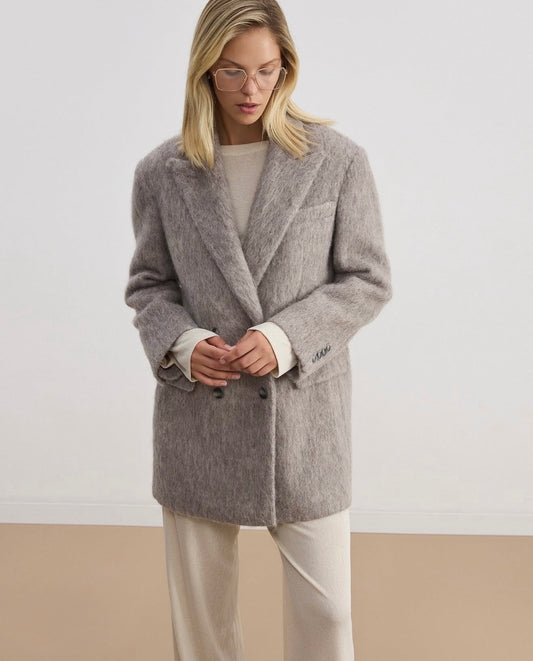 Double-breasted coat-jacket made of pile fabric