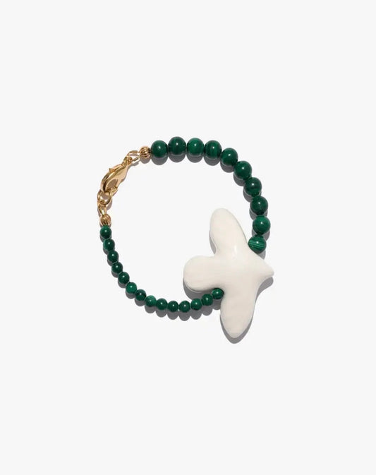 Bracelet MYRNI with two types of Malachite and Bird Charm