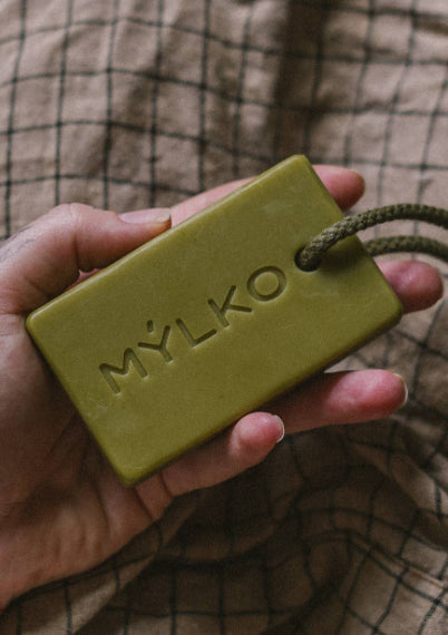 MÝLKO soap on a rope (BERGAMOT-TOBACCO, olive color)
