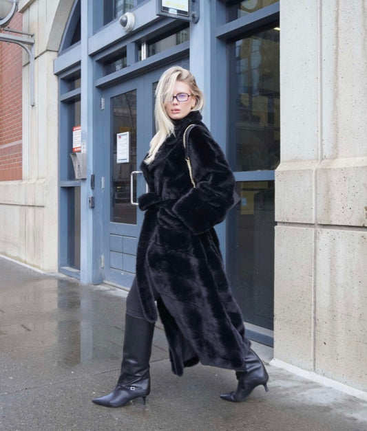 Full-Length Faux Mink Coat – Black