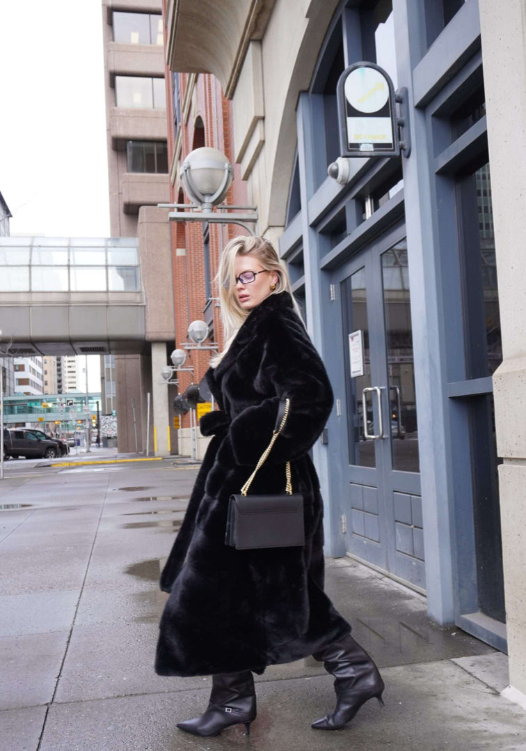 Full-Length Faux Mink Coat – Black