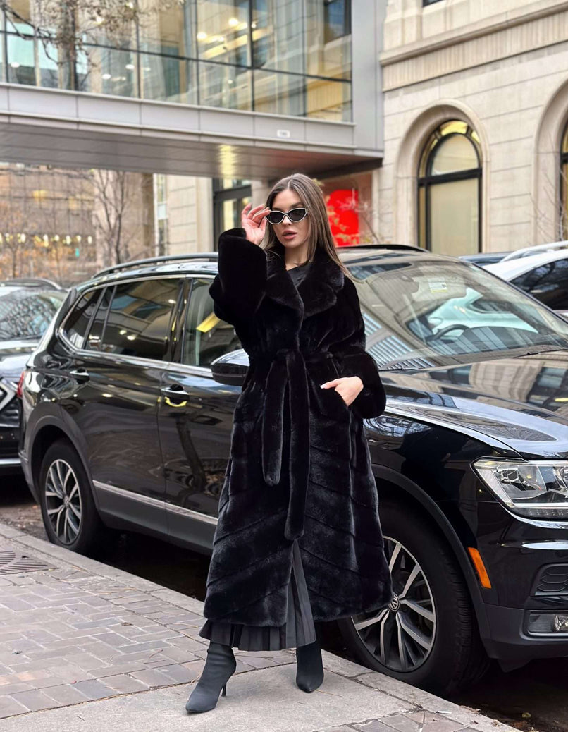 Full-Length Faux Mink Coat – Black