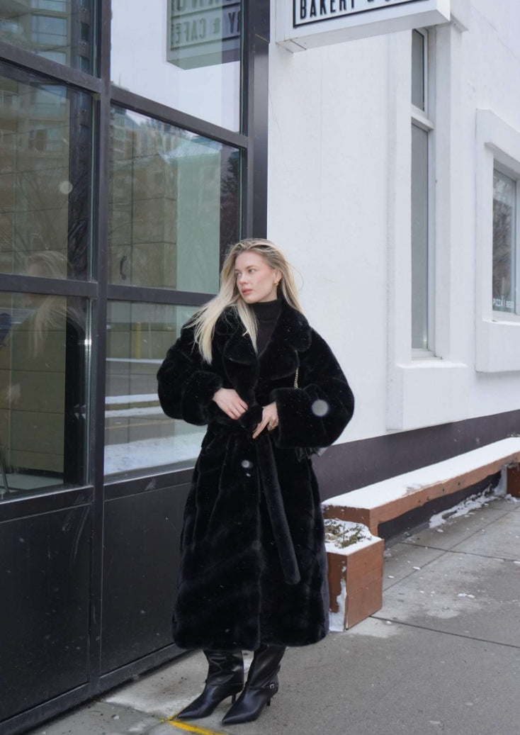 Full-Length Faux Mink Coat – Black