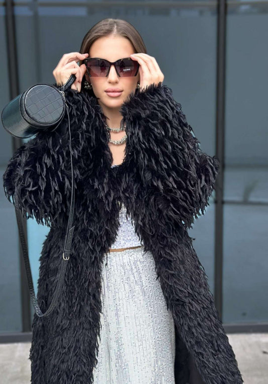Feather Coat “Angel” – Black (Faux Fur)