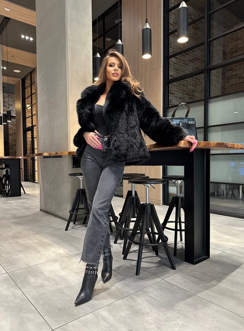 Black Faux Fur Coat – 65 cm