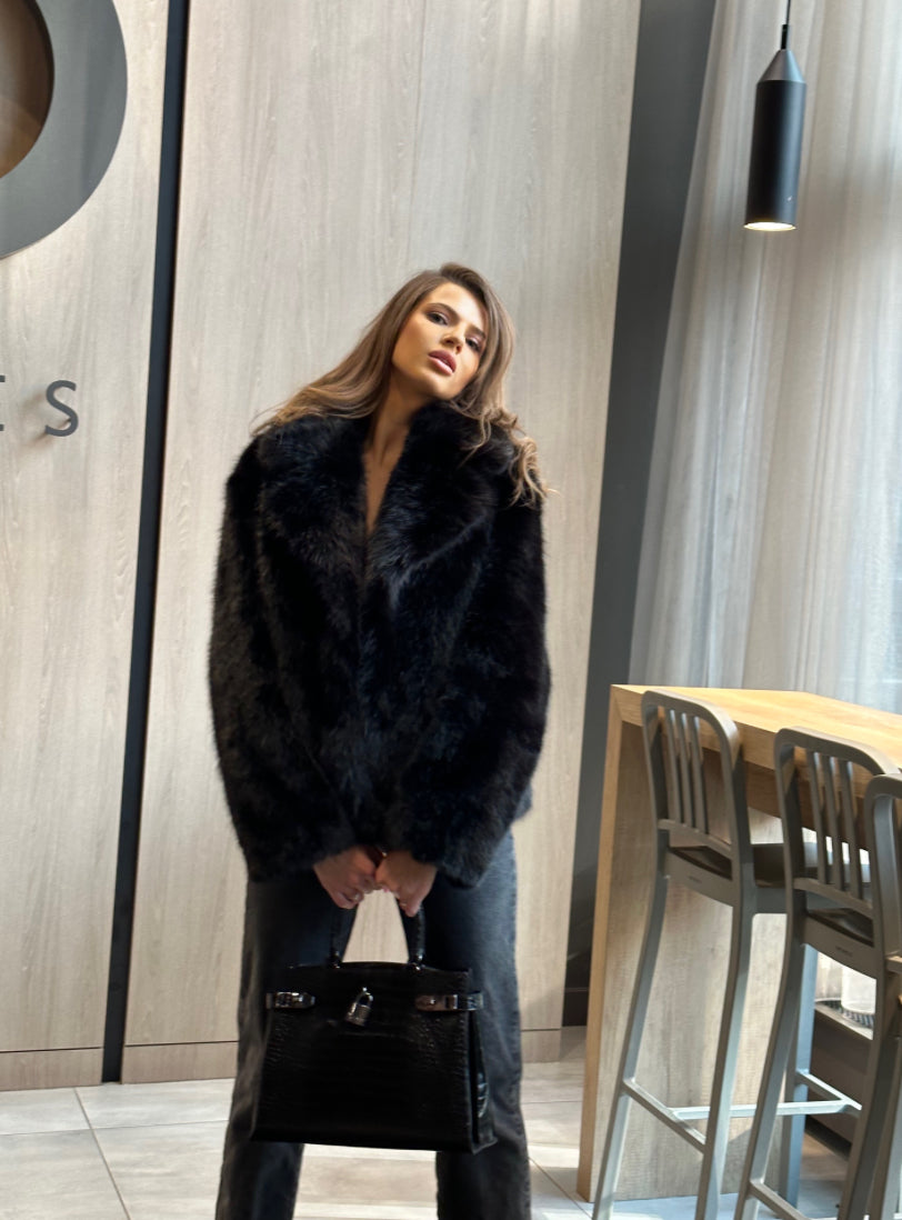 Black Faux Fur Coat – 65 cm