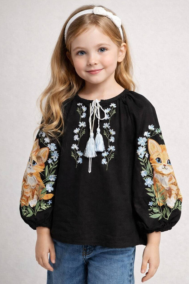 Embroidered shirt “Cat” - Black for girls