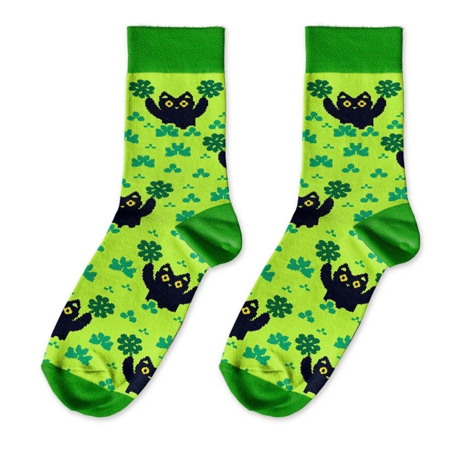 Socks "Cats and Lucky Symbols" green