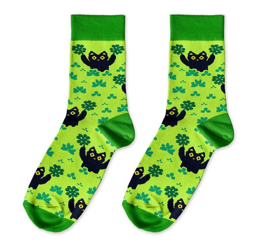 Socks "Cats and Lucky Symbols" green