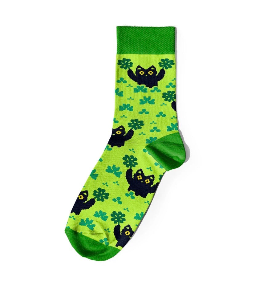 Socks "Cats and Lucky Symbols" green