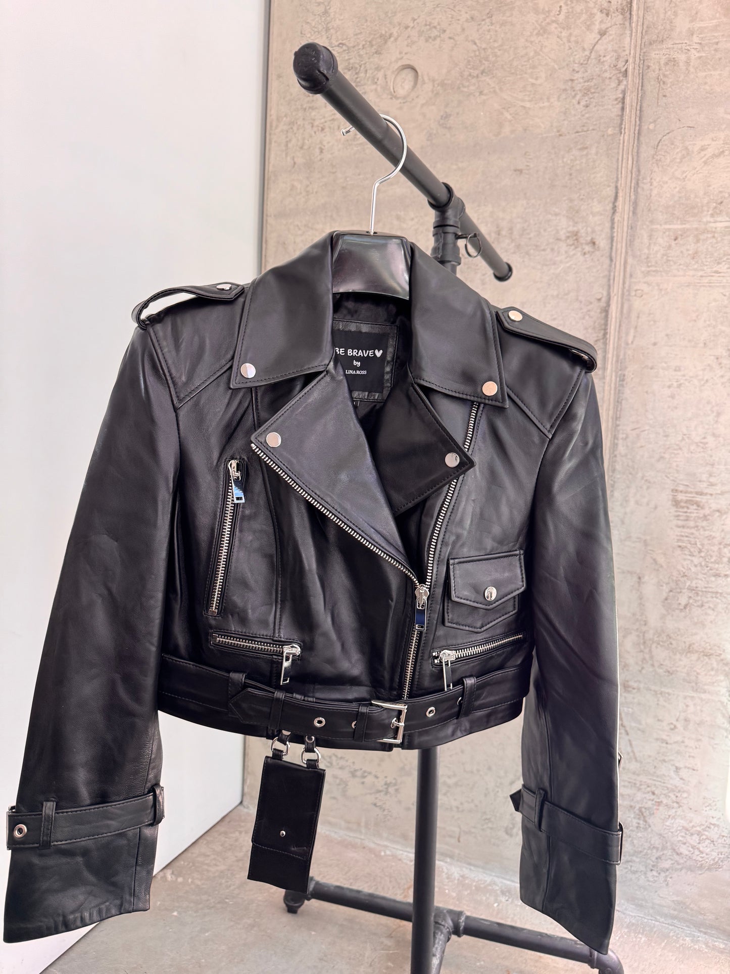 Black classic biker leather jacket