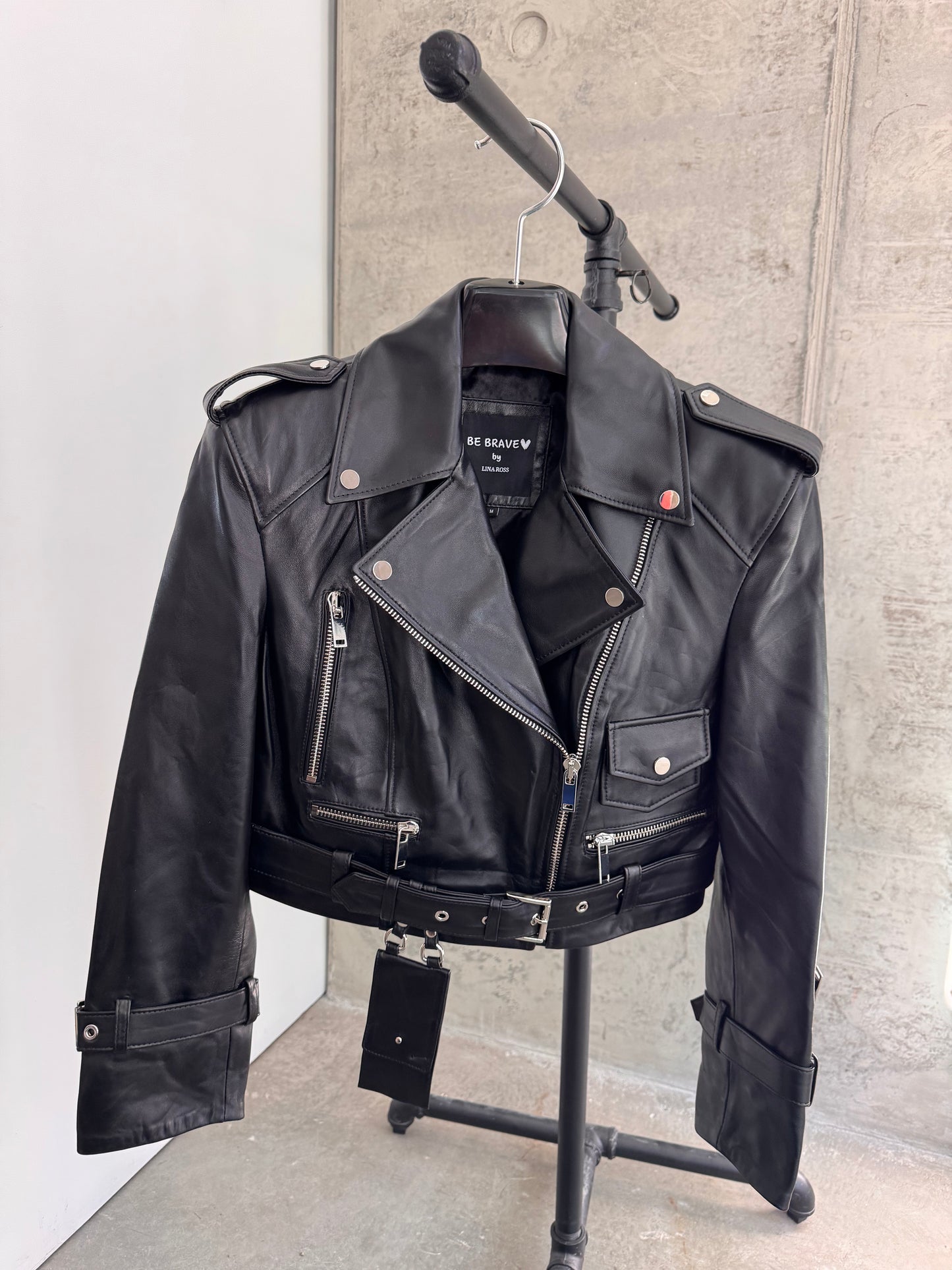 Black classic biker leather jacket