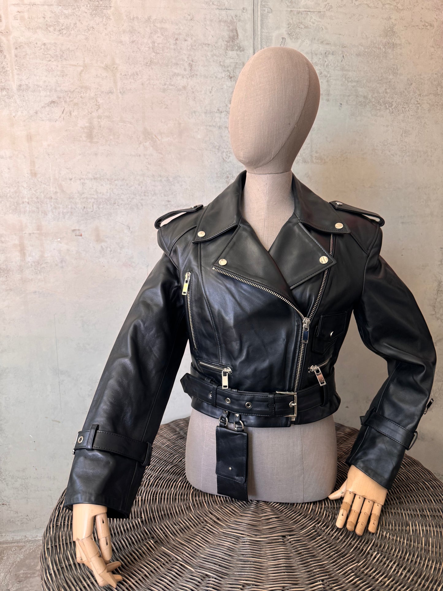 Black classic biker leather jacket