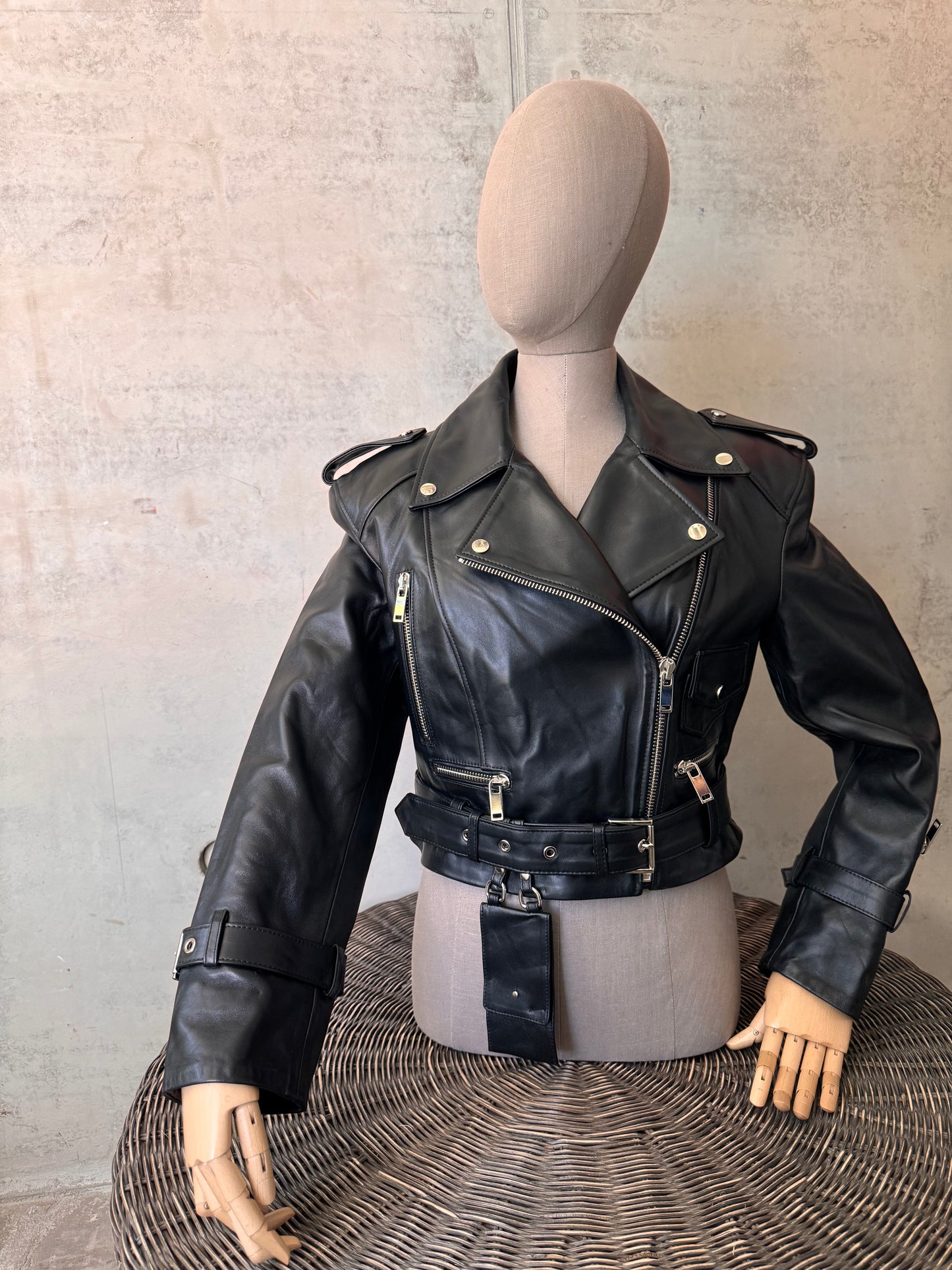 Black classic biker leather jacket
