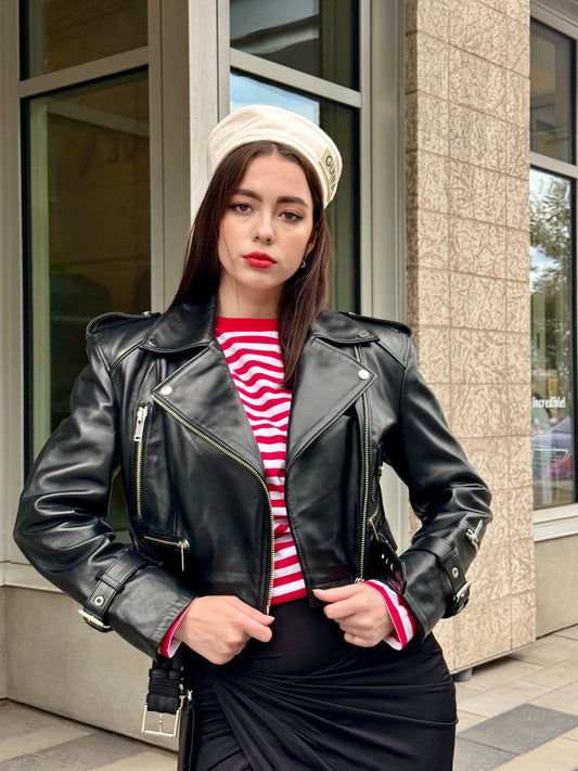 Black classic biker leather jacket